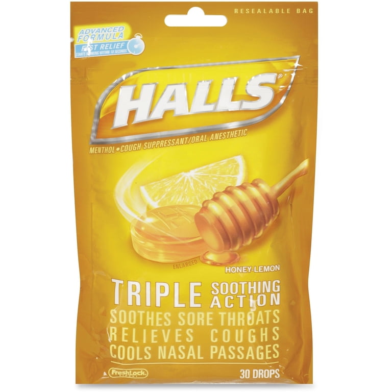 Halls Triple Soothing Action Cough Drops, Honey Lemon 30ct