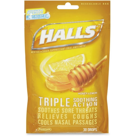 Halls Triple Soothing Action Cough Drops, Honey Lemon 30 Each