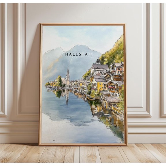 Hallstatt Watercolour Lake Village Print Alpine Wall Art Home Decor Office Wall Art