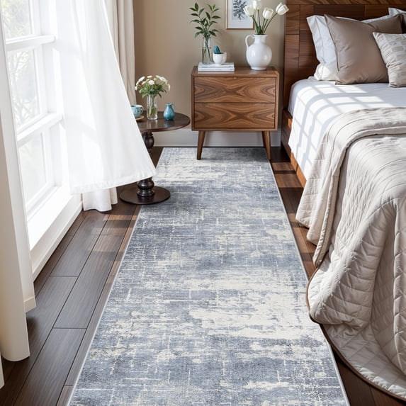 Hallway 2x8 Washable Runner Rug: Abstract Stain Resistant Kitchen Entryway Rugs Farmhouse Ultra Soft Bathroom Bedroom Print Floor Mat Thin Non-slip Indoor Carpet For Living Room Laudry(2x8 Blue/ivory