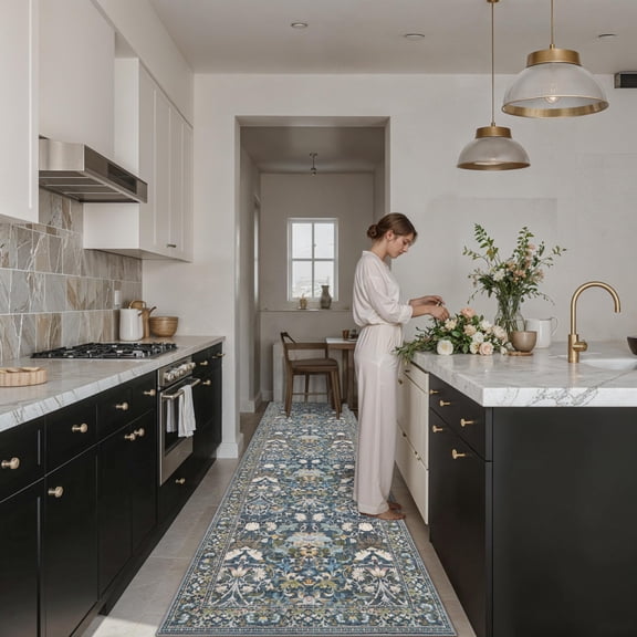 Hallway 3x10 Washable Runner Rug: Kitchen Rugs Entryway Area Vintage Soft Floor Mat Non Slip Indoor Farmhouse Carpet For Bathroom Living Room Bedroom Printed Rug Family(3x10 Floral/blue)