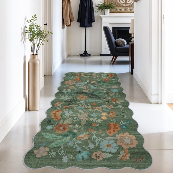 Hallway 3x6 Washable Runner Rug - Indoor Floral Scalloped Kitchen Entryway Low Pile Carpet Soft Non Slip Floor Mat For Bathroom Living Room Bedroom Elegant Home Decor(3x6 Floral/green)