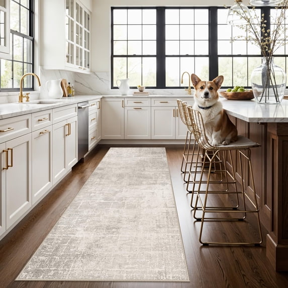 Hallway 3x8 Washable Runner Rug: Abstract Stain Resistant Entryway Kitchen Area Rugs Farmhouse Soft Bathroom Bedroom Print Floor Mat Thin Non-slip Indoor Carpet For Living Room Laudry(3x8 Beige/cream
