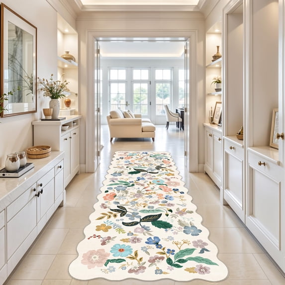 Hallway 4x10 Washable Area Rugs: Indoor Floral Scalloped Rug For Kitchen Entryway Farmhouse Bathroom Soft Carpet With Non Slip Backing Water Resistant Thin Laudry Floor Mat (4x10 Cream)