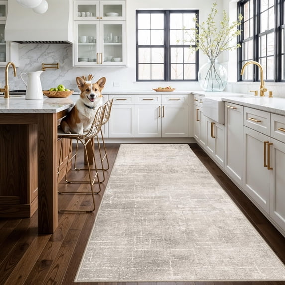Hallway 4x10 Washable Runner Rug:stain Resistant Abstract Rug For Kitchen Entryway Farmhouse Soft Carpet Bathroom Bedroom Thin Laudry Living Room Floor Mat With Non Slip Backing(4x10 Beige/cream)