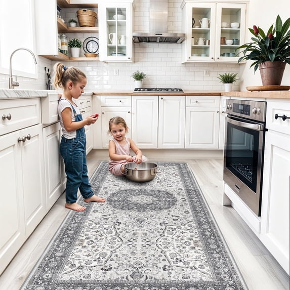 Hallway 4x8 Washable Runner Rug: Oriental Stain Resistant Entryway Kitchen Rug Farmhouse Soft Carpet For Bathroom Bedroom Thin Laundry Room Floor Mat With Non Slip Backing Pets Family(4x8 Grey)