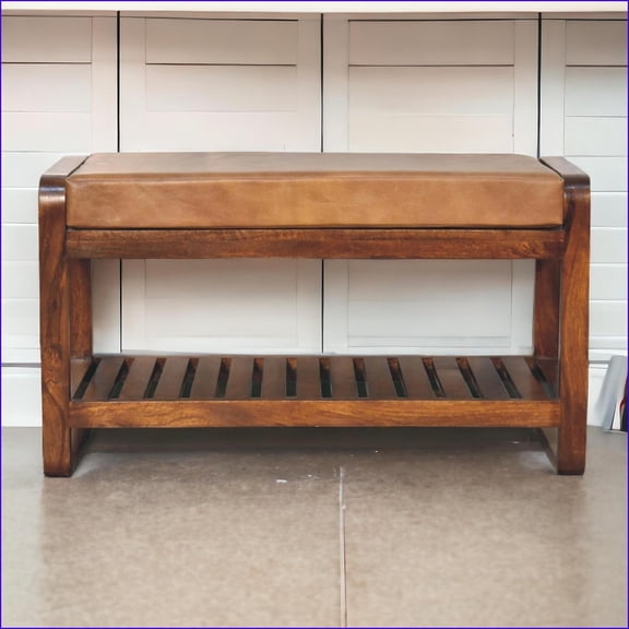 Hallway Bench, Solid Mango Wood with Buffalo Leather Seat | Chestnut Feet | Entryway Storage | Leather | Walnut Brown