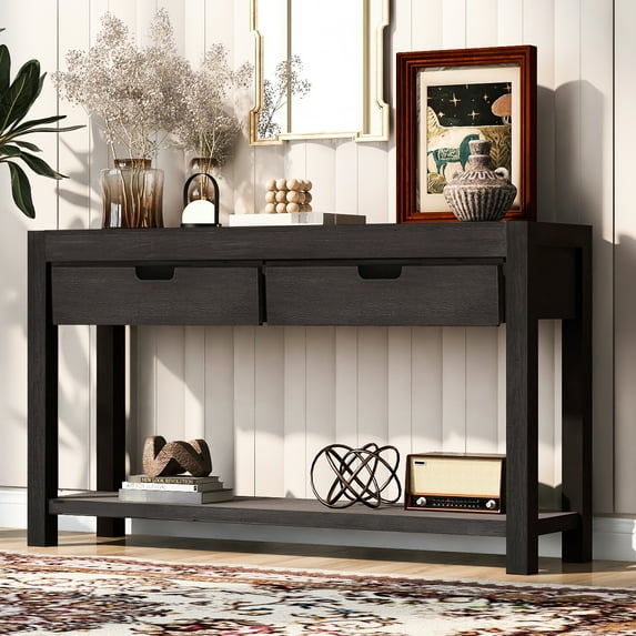 Hallway Console Table With Drawers, & , 1 Shelf, Elegant Design Antique Brown 2 Drawers And Shelf For Room Decoration