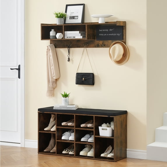 Hallway Hall Trees with Bench and Shoe Storage,Modern Entryway Bench with Coat Rack,Solid Wood Hall Tree with Small Blackboard,5 Hooks for Living Room Bedroom