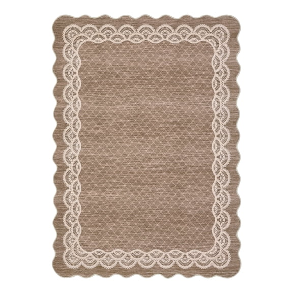 Hallway Rug 2x6 Scalloped Kitchen Runner Rug, Non-Slip Modern Bordered Bedside Rug, Non-Shedding Ultra-Thin Carpet Runner for Laundry Room, Bedroom, Living Room, Camel