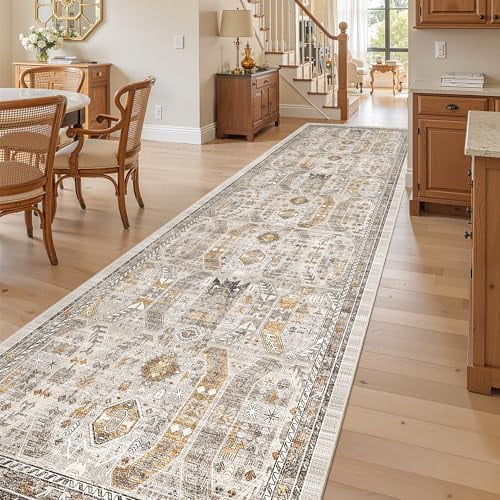 Hallway Rug 3x10, Kitchen Rugs Washable Entryway Rug Vintage Kitchen Runners Non Slip Indoor Area Rug Farmhouse Carpet Runner for Bathroom Living Room Bedroom, Brown/Gold