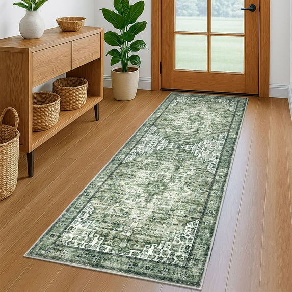 Brisasol Runner Rug for Hallway 2x6 Washable Kitchen Rug and Runners Low Pile Soft Printed Green Indoor Carpet Runner for Bedroom Entryway