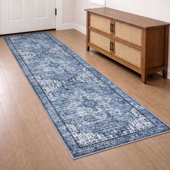 Brisasol Runner Rug for Floors 2x7 Washable Kitchen Rug and Runners Low Pile Soft Printed Blue Indoor Carpet Runner for Hallway Bedroom Entryway