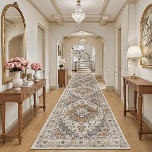 Hallway Runner 3x14 - Runner Rugs 14ft Washable Entryway Rug Vintage Kitchen Runners Non Slip Indoor Area Rug Farmhouse Carpet Runner for Bathroom Living Room Bedroom, Turmeric/Grey