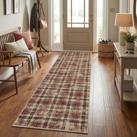 Hallway Runner Rug 2.5x12 Washable Runner Rug Plaid Non Slip Foldable Kitchen Rugs Indoor Accent Runners Low Pile Soft Non-Shedding Floor Cover for Entryway Bedside Laundry Dorm Red