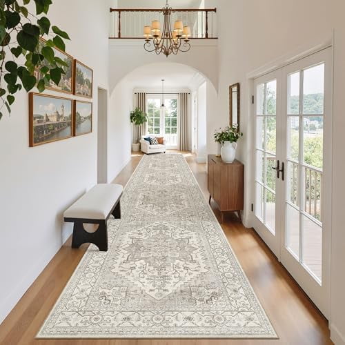 Hallway Runner Rug 2'6''x14', Non Slip Vintage Runners for Hallways Washable Kitchen Rugs Soft Low Pile 2.5x14 ft Rug Runner for Laundry Room, Entryway and Bedroom, Beige/Brown