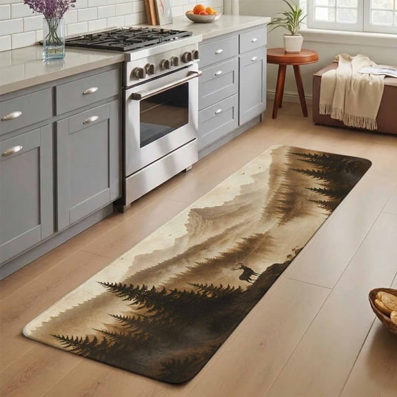 Hallway Runner Rug 2.6'x6.5', Misty Mountains Landscape Indoor Outdoor Entryway Runner with Non-Slip Rubber, Modern Deer Brown Pine Forest Absorbent Long Kitchen Rug for Hallway Foyer Living Room
