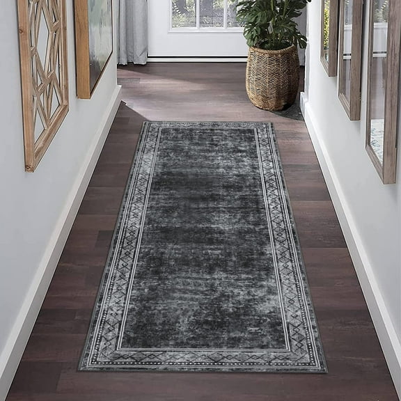 Hallway Runner Rug 2*6ft Washable Rug Solid Modern Long Floor Mat Bordered Rug Retro Distressed Carpet Grey Border Country Accent Rug Non Slip for Bathroom Kitchen Bedroom