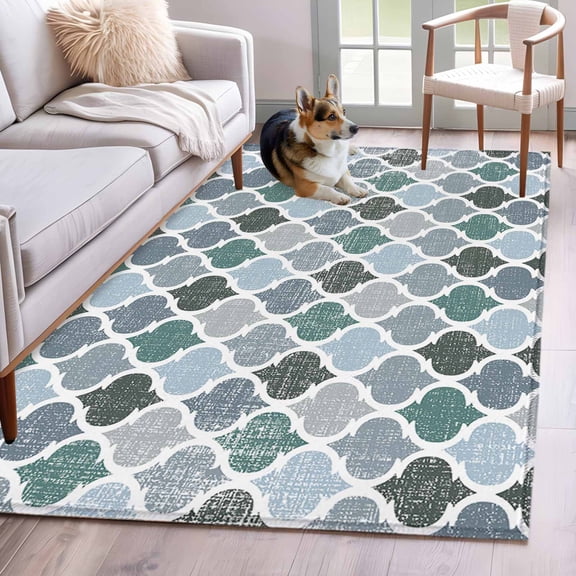 Hallway Runner Rug 2.7'x5', Green Grey Morocco Pattern Long Non-slip Runner Rugs, Turquoise Modern Moroccan Geometric Outdoor Indoor Throw Floor Carpet Mat for Living Room/Bedroom/Office/Laundry
