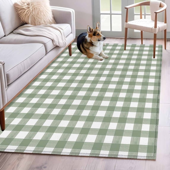 Hallway Runner Rug 2.7'x5',Sage Green Buffalo Plaid Long Non-slip Runner Rugs,Farmhouse Green White Checkered Outdoor Indoor Throw Floor Carpet Mat for Living Room/Bedroom/Kitchen/Office/Laundry
