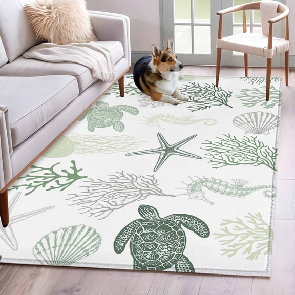 Hallway Runner Rug 2.7'x5', Sage Green Coastal Long Non-slip Runner Rugs, Nautical Summer Beach Coral Sea Turtle Outdoor Indoor Throw Floor Carpet Mat for Living Room/Bedroom/Kitchen/Office/Laundry