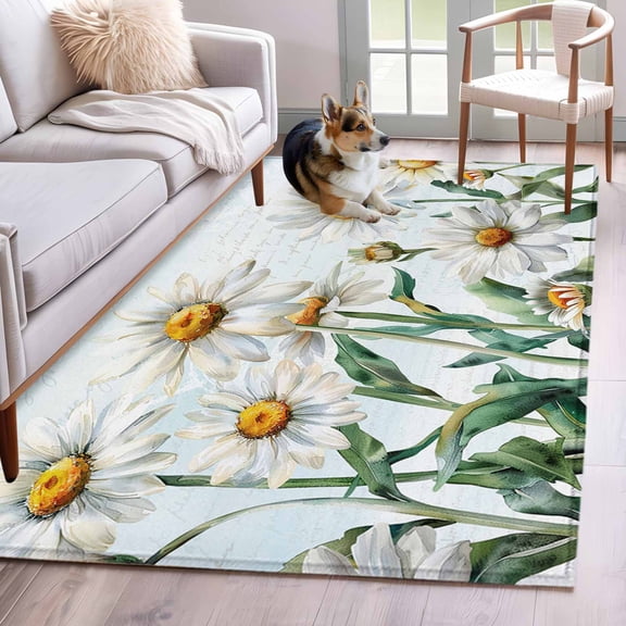 Hallway Runner Rug 2.7'x5',Spring Floral Long Non-slip Runner Rugs,Watercolor Summer Botanical White Daisy Outdoor Indoor Throw Floor Carpet Mat for Living Room/Bedroom/Kitchen/Office/Laundry