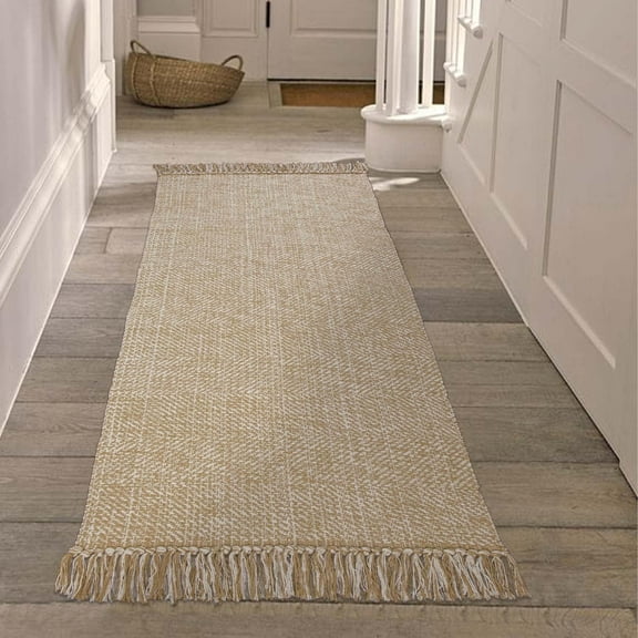 Hallway Runner Rug, 2' x 5' Soft Washable Tan Contemporary Modern Laundry Room Indoor Hand-Woven Cotton Carpet for Bedroom Entryway Front Door Farmhouse Kitchen Tan/Cream 2' X 5'