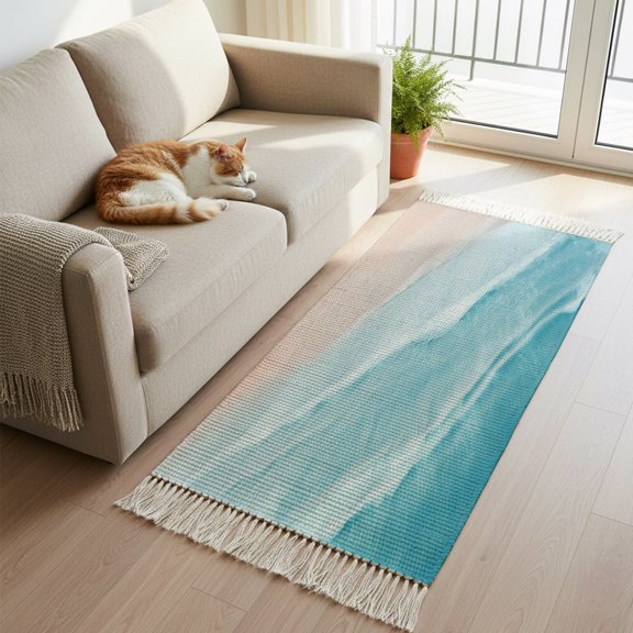 Hallway Runner Rug 2'x 6', Blue Coastal Wave Reversible Washable Rug with Tassels, Summer Modern Ocean Beach Decorative Modern Soft Carpet Mat for Living Room, Kitchen, Dining Room