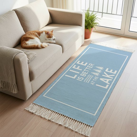Hallway Runner Rug 2'x 6', Blue Reversible Washable Rug with Tassels, Mountain Forest Tree Life Is Better at The Lake Decorative Modern Soft Carpet Mat for Living Room, Kitchen, Dining Room