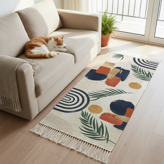 Hallway Runner Rug 2'x 6', Boho Reversible Washable Rug with Tassels, Middle Century Leaves Bohemia Minimalist Abstract Art Beige Decorative Modern Soft Carpet Mat for Living Room, Kitchen