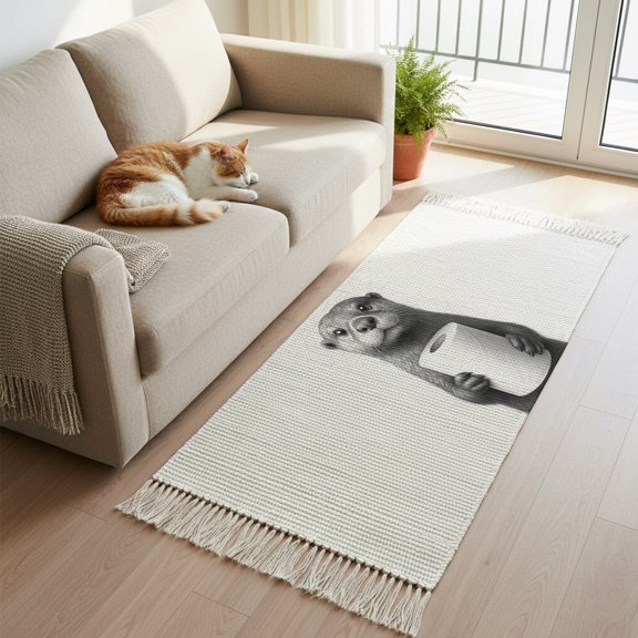 Hallway Runner Rug 2'x 6', Cute Otter Reversible Washable Rug with Tassels, Funny Animal with Toilet Paper Decorative Modern Soft Carpet Mat for Living Room, Kitchen, Dining Room