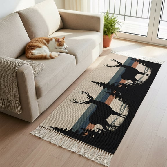 Hallway Runner Rug 2'x 6', Forest Elk Reversible Washable Rug with Tassels, Animal Antlers Silhouette Tree Stripes Decorative Modern Soft Carpet Mat for Living Room, Kitchen, Dining Room