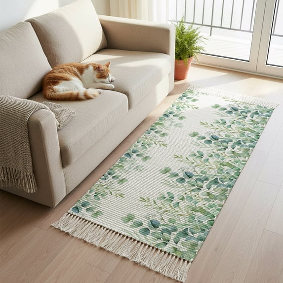 Hallway Runner Rug 2'x 6', Sage Green Eucalyptus Reversible Washable Rug with Tassels, Farmhouse Botanical Leaves Decorative Modern Soft Carpet Mat for Living Room, Kitchen, Dining Room