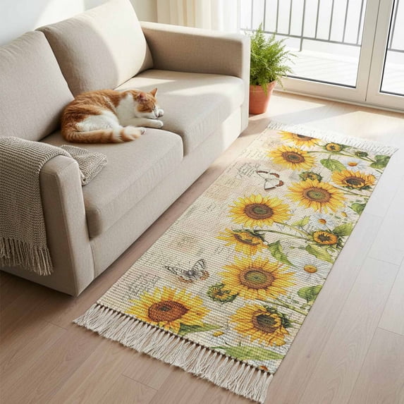 Hallway Runner Rug 2'x 6', Sunflower Farmhouse Reversible Washable Rug with Tassels, Spring Summer Retro Floral Butterflies Decorative Modern Soft Carpet Mat for Living Room, Kitchen, Dining Room