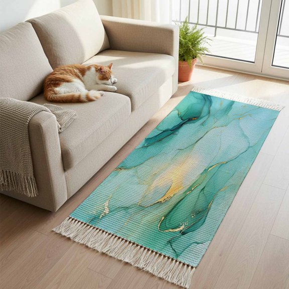 Hallway Runner Rug 2'x 6', Teal Marble Reversible Washable Rug with Tassels, Abstract Art Modern Ink Painting Decorative Modern Soft Carpet Mat for Living Room, Kitchen, Dining Room