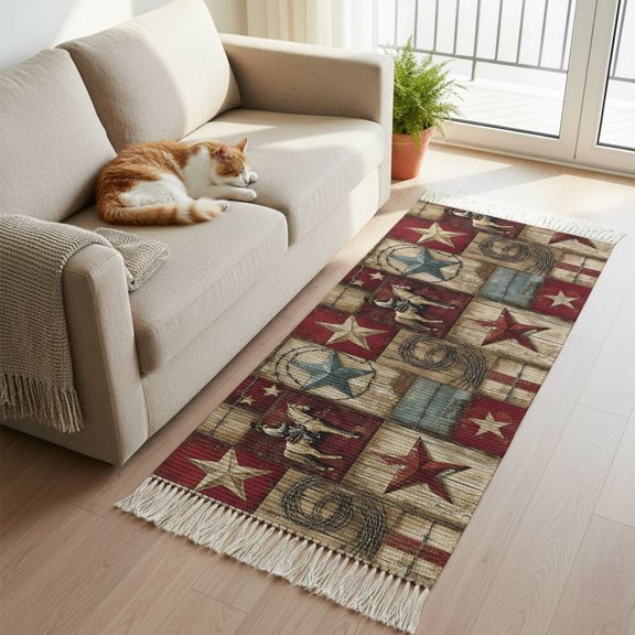 Hallway Runner Rug 2'x 6', Texas Star Vintage Reversible Washable Rug with Tassels, Country Star Western Cowboy Decorative Modern Soft Carpet Mat for Living Room, Kitchen, Dining Room