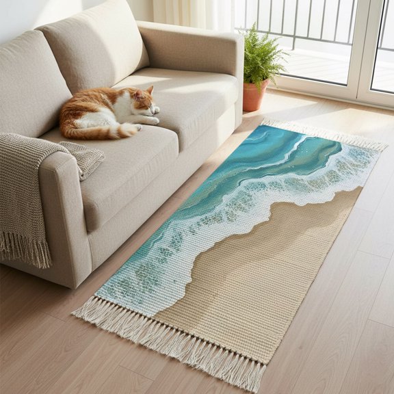 Hallway Runner Rug 2'x 6', Turquoise Ocean Reversible Washable Rug with Tassels, Gradient Brown Shore Sandy Beach Abstract Decorative Modern Soft Carpet Mat for Living Room, Kitchen, Dining Room
