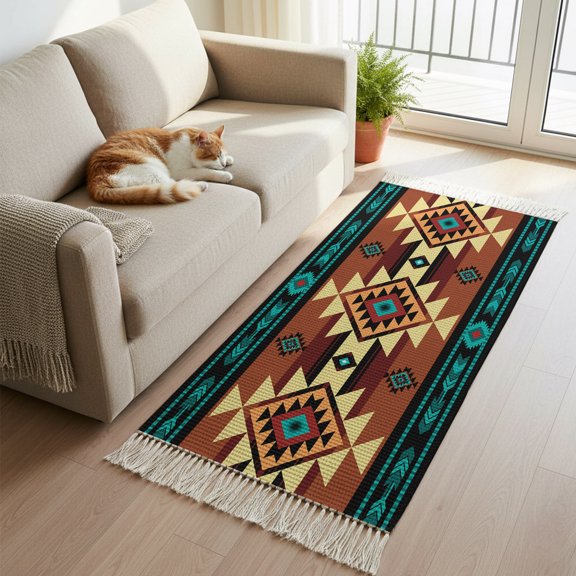 Hallway Runner Rug 2'x 6', Turquoise Red Reversible Washable Rug with Tassels, Southwest American Native Abstract Pattern Decorative Modern Soft Carpet Mat for Living Room, Kitchen, Dining Room