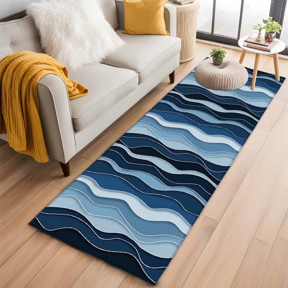 Hallway Runner Rug 2'x6', Abstract Blue Moire Long Non-slip Runner Rugs, Gradient Coastal Ocean Geometric Waves Outdoor Indoor Throw Floor Carpet Mat for Living Room/Bedroom/Kitchen/Office/Laundry