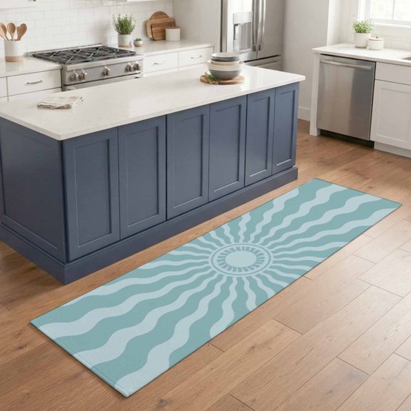Hallway Runner Rug 2'x6', Abstract Sun Kitchen Runner Rugs Non-Slip Carpet Mats, Middle Century Bohemia Sunshine Retro Blue Bedside Rugs Runners Washable Floor Carpet for Bathroom Laundry Room
