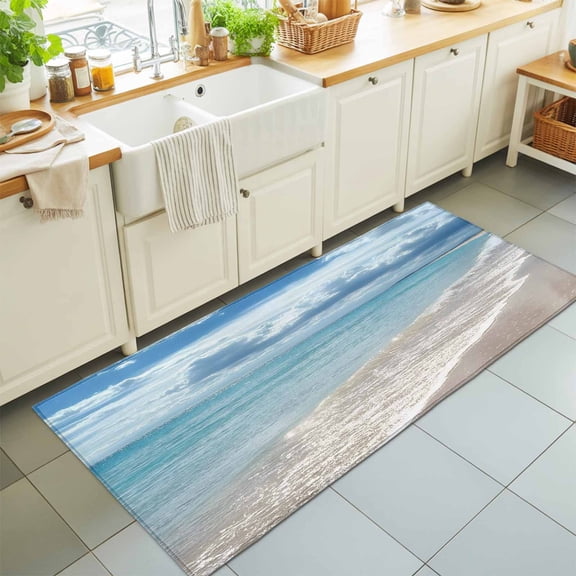 Hallway Runner Rug 2'x6', Beach Ocean Kitchen Runner Rugs Non-Slip Carpet Mats, Summer Seaside Sea Waves Blue Sky Cloudy Bedside Rugs Runners Washable Floor Carpet for Bathroom Laundry Room