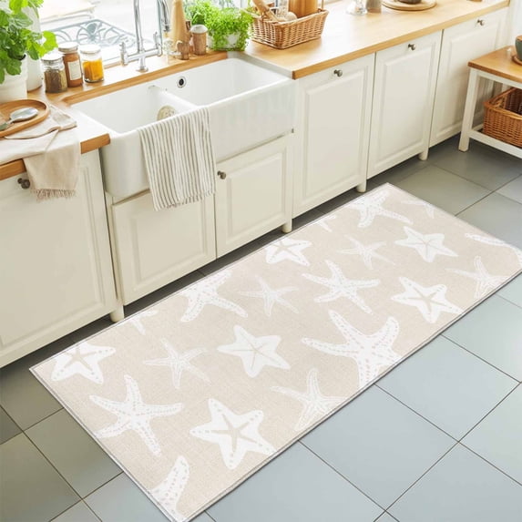 Hallway Runner Rug 2'x6', Beige White Starfish Coastal Kitchen Runner Rugs Non-Slip Carpet Mats, Nautical Summer Ocean Abstract Art Bedside Rugs Runners Floor Carpet for Bathroom Laundry Room