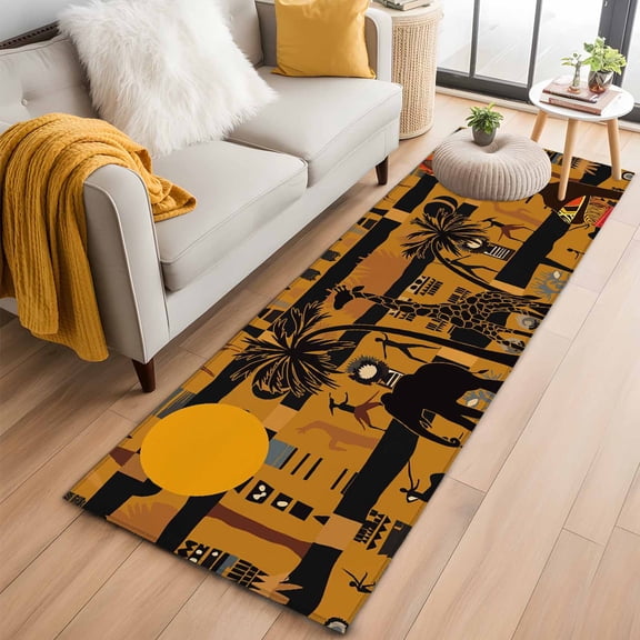 Hallway Runner Rug 2'x6', Black African Women Long Non-slip Runner Rugs, Boho Brown Elephant Giraffe Ethnic Outdoor Indoor Throw Floor Carpet Mat for Living Room/Bedroom/Kitchen/Office/Laundry