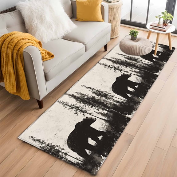 Hallway Runner Rug 2'x6', Black Bear Long Non-slip Runner Rugs, Vintage Forest Cabin Animals Silhouette Washable Outdoor Indoor Throw Floor Carpet Mat for Living Room/Bedroom/Kitchen/Office/Laundry