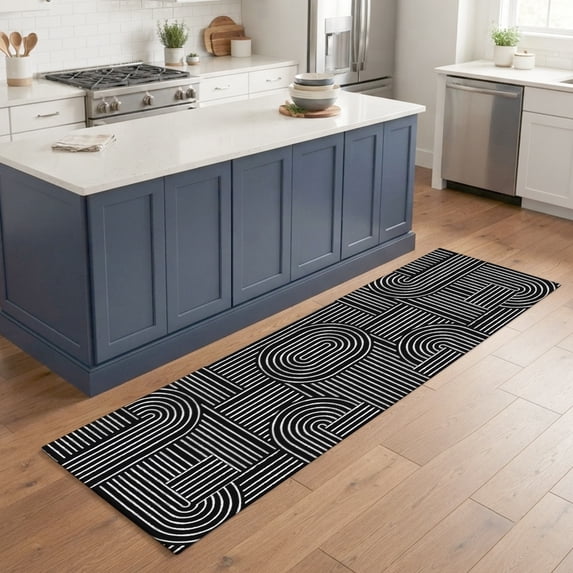 Hallway Runner Rug 2'x6', Black Boho Kitchen Runner Rugs Non-Slip Carpet Mats, Abstract Geometric Curves Lines Mminimalist Bedside Rugs Runners Washable Floor Carpet for Bathroom Laundry Room