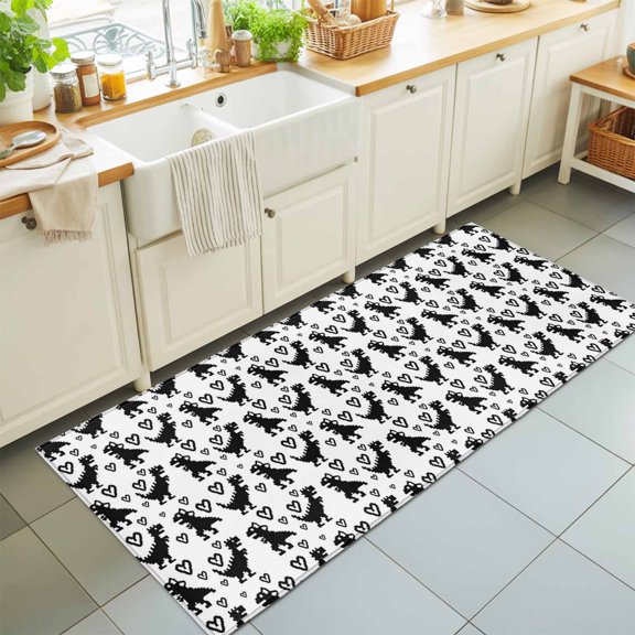 Hallway Runner Rug 2'x6', Black Dinosaur Kitchen Runner Rugs Non-Slip Carpet Mats, Cartoon Funny Cute Dino Love Heart Bedside Rugs Runners Washable Floor Carpet for Bathroom Laundry Room