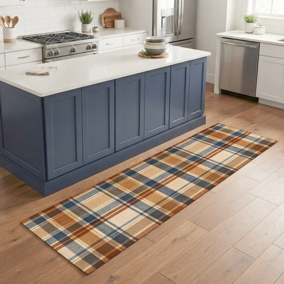 Hallway Runner Rug 2'x6', Blue Brown Checked Kitchen Runner Rugs Non-Slip Carpet Mats, Beige Buffalo Plaid Farmhouse Bedside Rugs Runners Washable Floor Carpet for Bathroom Laundry Room