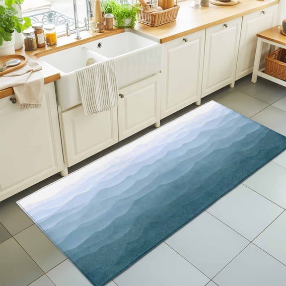 Hallway Runner Rug 2'x6', Blue Coastal Wave Kitchen Runner Rugs Non-Slip Carpet Mats, Summer Ocean Nautical Beach Ombre Bedside Rugs Runners Washable Floor Carpet for Bathroom Laundry Room