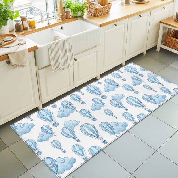 Hallway Runner Rug 2'x6', Blue Hot Air Balloon Kitchen Runner Rugs Non-Slip Carpet Mats, Modern Balloon Float Clouds Bedside Rugs Runners Washable Floor Carpet for Bathroom Laundry Room