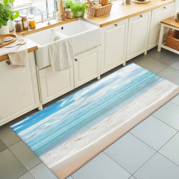 Hallway Runner Rug 2'x6', Blue Ocean Kitchen Runner Rugs Non-Slip Carpet Mats, Coastal Sea Beach Shore Sky Waves Scenery Bedside Rugs Runners Washable Floor Carpet for Bathroom Laundry Room